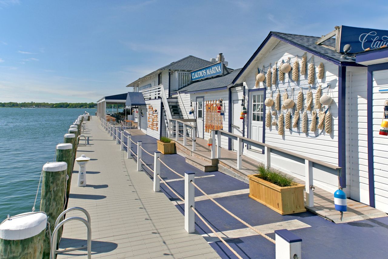 Claudio's Waterfront on the harbor in Greenport, New York, at dusk